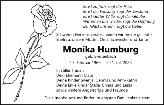 Traueranzeige von Monika Humburg von Bad Vilbel/Karben