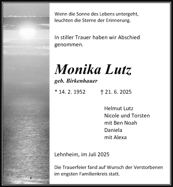 Traueranzeige von Monika Lutz von Giessener Allgemeine, Alsfelder Allgemeine
