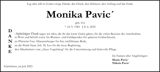 Traueranzeige von Monika Pavic von Kreis-Anzeiger