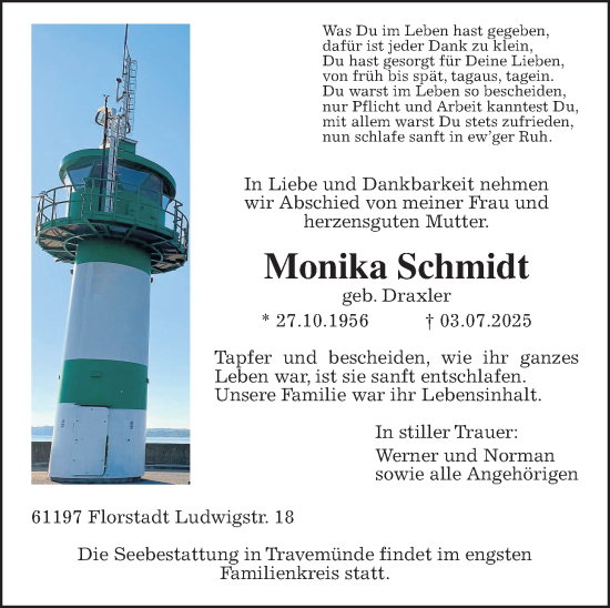 Traueranzeige von Monika Schmidt von Wetterauer Zeitung
