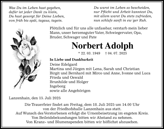 Traueranzeige von Norbert Adolph von Lauterbacher Anzeiger, Kreis-Anzeiger