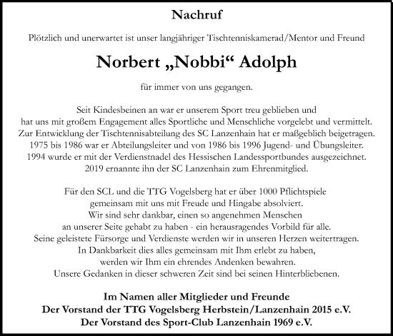Traueranzeige von Norbert Adolph von Lauterbacher Anzeiger