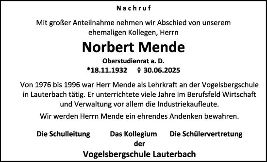 Traueranzeige von Norbert Mende von Lauterbacher Anzeiger