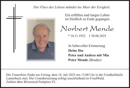 Traueranzeige von Norbert Mende von Lauterbacher Anzeiger
