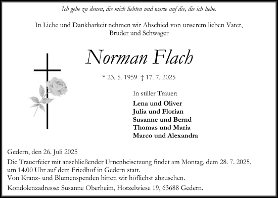 Traueranzeige von Norman Flach von Kreis-Anzeiger