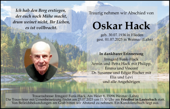 Traueranzeige von Oskar Hack von Lauterbacher Anzeiger