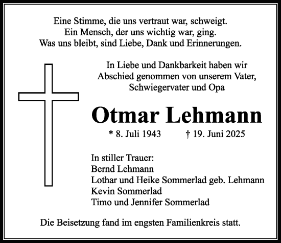 Traueranzeige von Otmar Lehmann von Wetterauer Zeitung