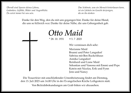 Traueranzeige von Otto Maid von Giessener Allgemeine, Alsfelder Allgemeine