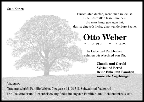 Traueranzeige von Otto Weber von Oberhessische Zeitung