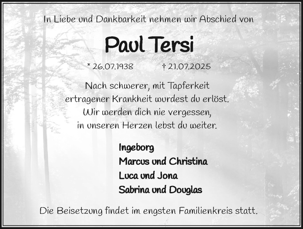  Traueranzeige für Paul Tersi vom 26.07.2025 aus Kreis-Anzeiger