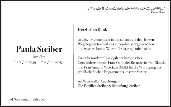 Traueranzeige von Paula Steiber von Wetterauer Zeitung