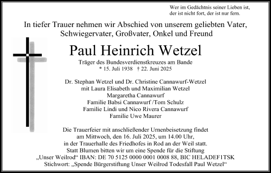 Traueranzeige von Paul Heinrich Wetzel von Usinger Anzeiger