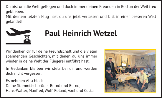 Traueranzeige von Paul Heinrich Wetzel von Usinger Anzeigenblatt