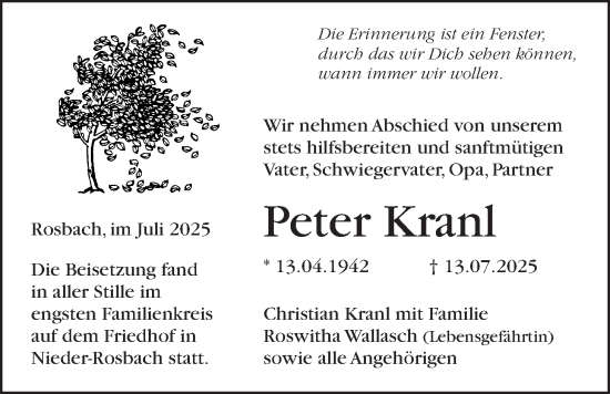 Traueranzeige von Peter Kranl von Wetterauer Zeitung