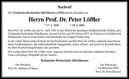 Traueranzeige von Peter Löffler von Wetterauer Zeitung, Giessener Allgemeine, Alsfelder Allgemeine