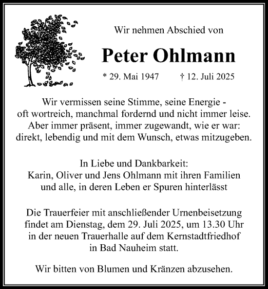 Traueranzeige von Peter Ohlmann von Wetterauer Zeitung