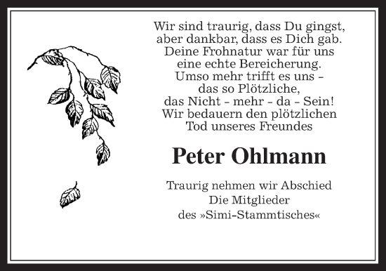 Traueranzeige von Peter Ohlmann von Wetterauer Zeitung