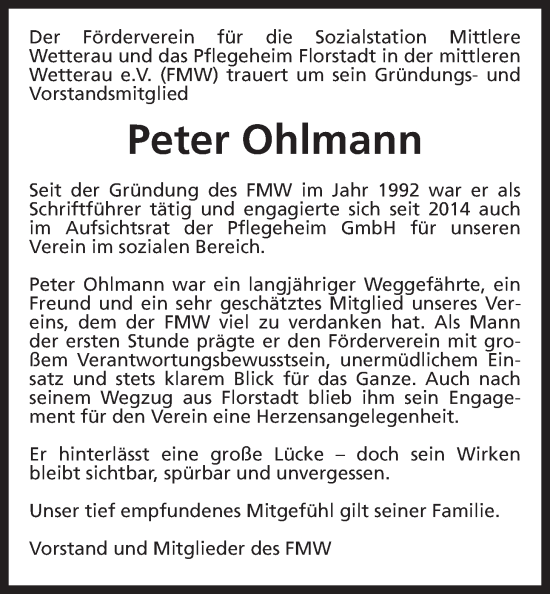 Traueranzeige von Peter Ohlmann von Wetterauer Zeitung
