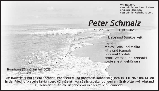 Traueranzeige von Peter Schmalz von Oberhessische Zeitung, Alsfelder Allgemeine