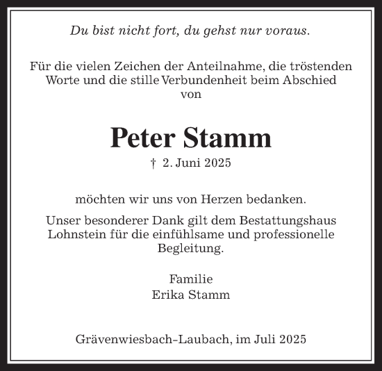 Traueranzeige von Peter Stamm von Usinger Anzeigenblatt