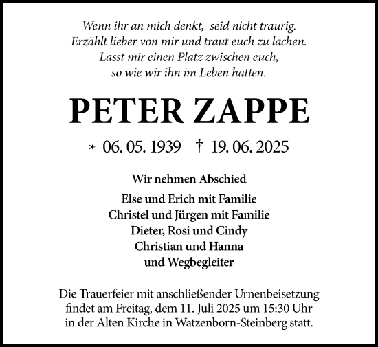 Traueranzeige von Peter Zappe von Giessener Allgemeine, Alsfelder Allgemeine