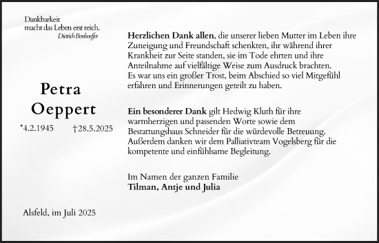 Traueranzeige von Petra Oeppert von Oberhessische Zeitung