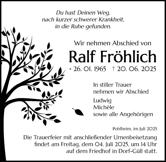 Traueranzeige von Ralf Fröhlich von Pohlheimer Nachrichten