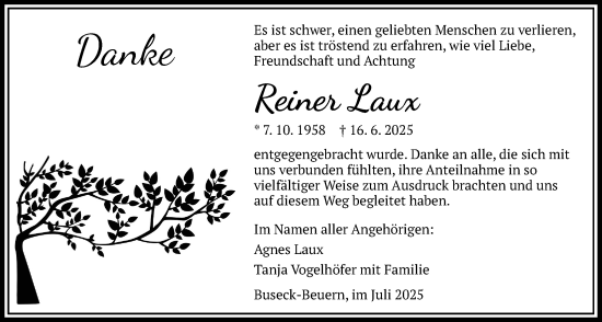 Traueranzeige von Reiner Laux von Giessener Allgemeine, Alsfelder Allgemeine