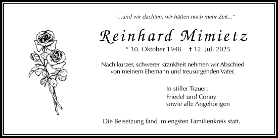Traueranzeige von Reinhard Mimietz von Wetterauer Zeitung