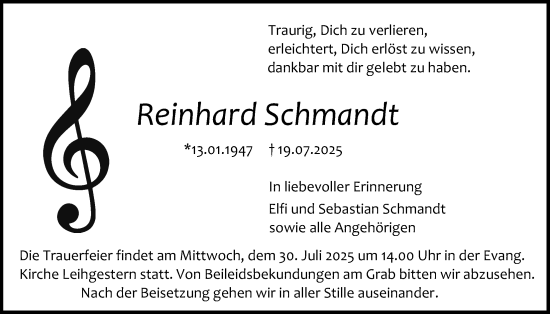 Traueranzeige von Reinhard Schmandt von Giessener Anzeiger