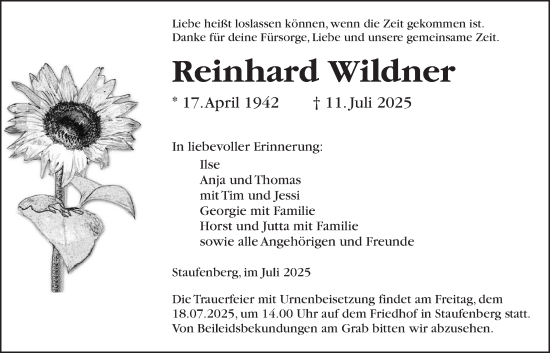 Traueranzeige von Reinhard Wildner von Giessener Anzeiger, Giessener Allgemeine, Alsfelder Allgemeine