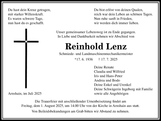 Traueranzeige von Reinhold Lenz von Oberhessische Zeitung