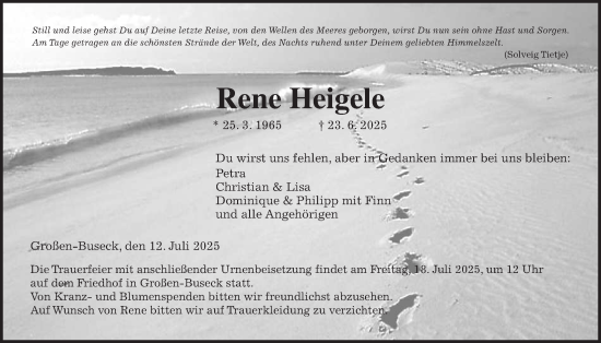 Traueranzeige von Rene Heigele von Giessener Allgemeine, Alsfelder Allgemeine, Giessener Anzeiger