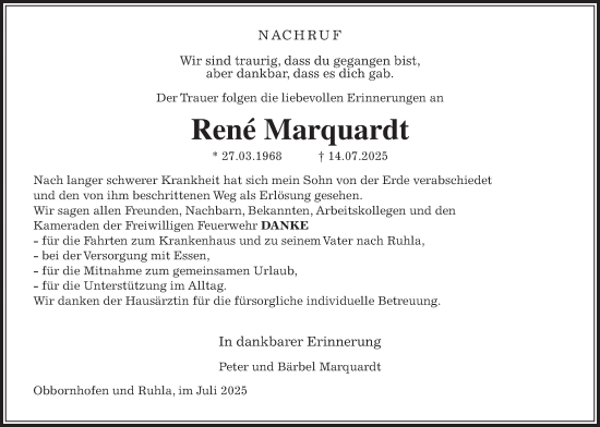 Traueranzeige von Rene Marquardt von Licher Wochenblatt
