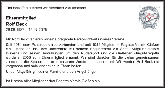 Traueranzeige von Rolf Beck von Giessener Anzeiger, Giessener Allgemeine, Alsfelder Allgemeine