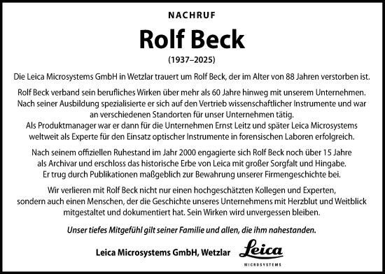 Traueranzeige von Rolf Beck von Giessener Anzeiger, Giessener Allgemeine, Alsfelder Allgemeine