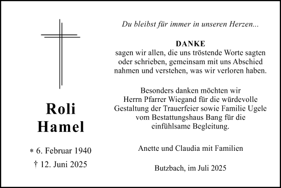 Traueranzeige von Roli Hamel von Butzbacher Zeitung