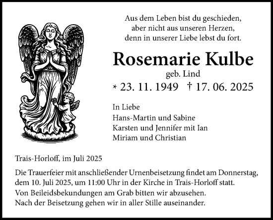 Traueranzeige von Rosemarie Kulbe von Licher Wochenblatt