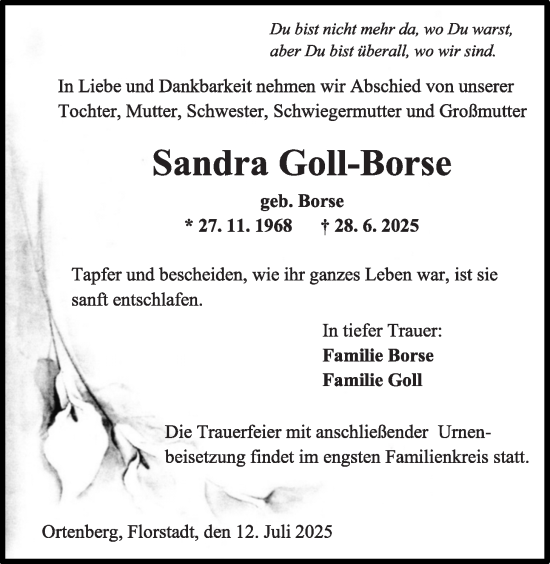 Traueranzeige von Sandra Goll-Borse von Kreis-Anzeiger, Wetterauer Zeitung