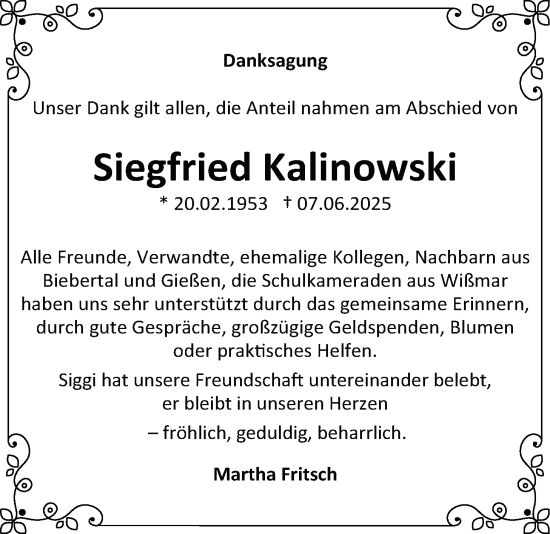 Traueranzeige von Siegfried Kalinowski von Giessener Allgemeine, Alsfelder Allgemeine
