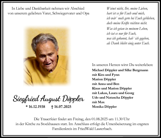 Traueranzeige von Siegfried August Döppler von Lauterbacher Anzeiger