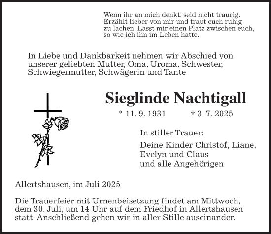 Traueranzeige von Sieglinde Nachtigall von Rabenauer Zeitung