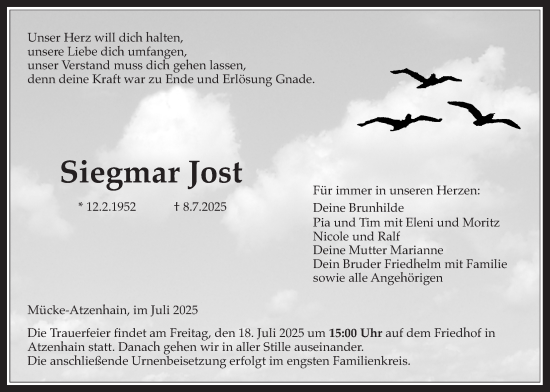Traueranzeige von Siegmar Jost von Giessener Allgemeine, Alsfelder Allgemeine