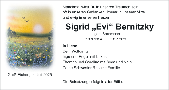 Traueranzeige von Sigrid Bernitzky von Giessener Allgemeine, Alsfelder Allgemeine