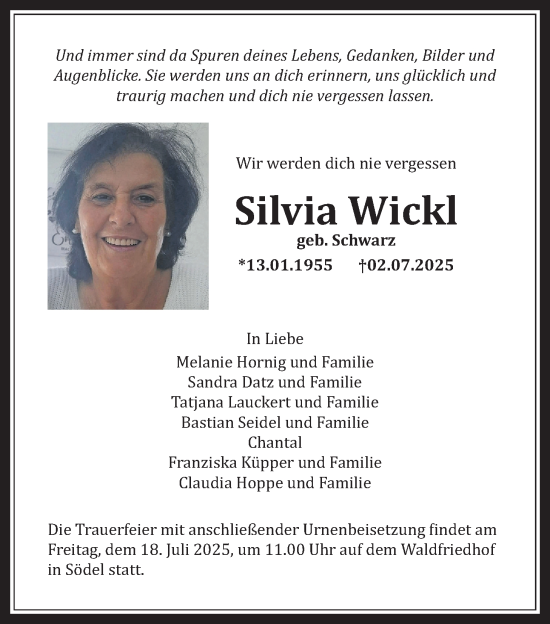 Traueranzeige von Silvia Wickl von Wetterauer Zeitung