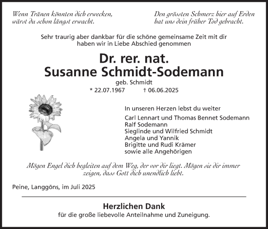 Traueranzeige von Susanne Schmidt-Sodemann von Giessener Allgemeine, Alsfelder Allgemeine, Giessener Anzeiger