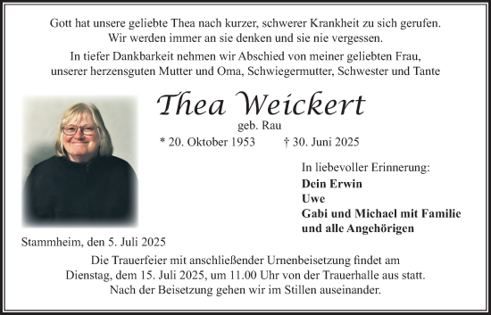 Traueranzeige von Thea Weickert von Wetterauer Zeitung