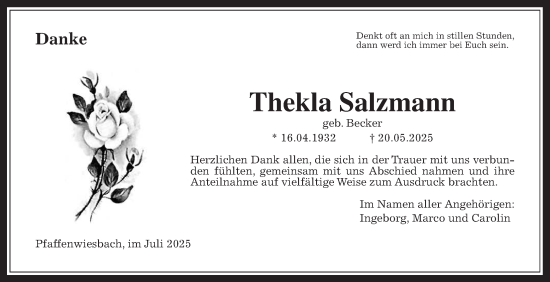 Traueranzeige von Thekla Salzmann von Usinger Anzeiger