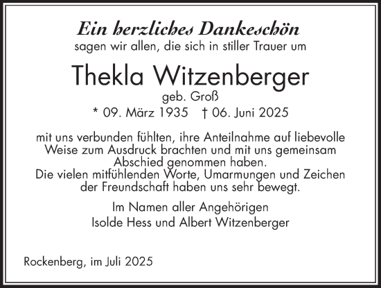 Traueranzeige von Thekla Witzenberger von Butzbacher Zeitung, Wetterauer Zeitung