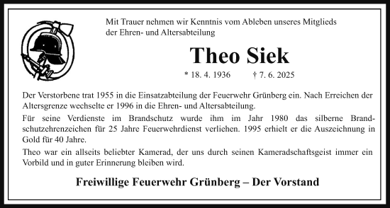 Traueranzeige von Theo Siek von Heimatzeitung Grünberg + Laubach